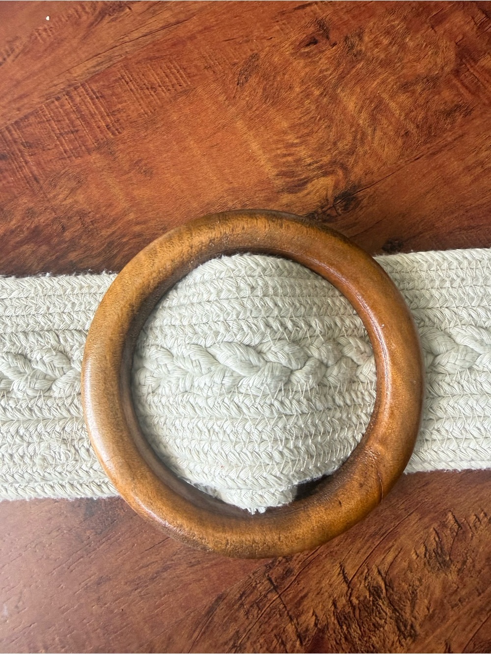 Wooden Ring Belt with Braided Cream Strap